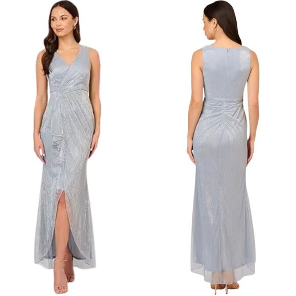 Adrianna Papell Metallic Mesh Faux Wrap Gown Ruffle Accents Women's 10 Blue NWT - Picture 1 of 16
